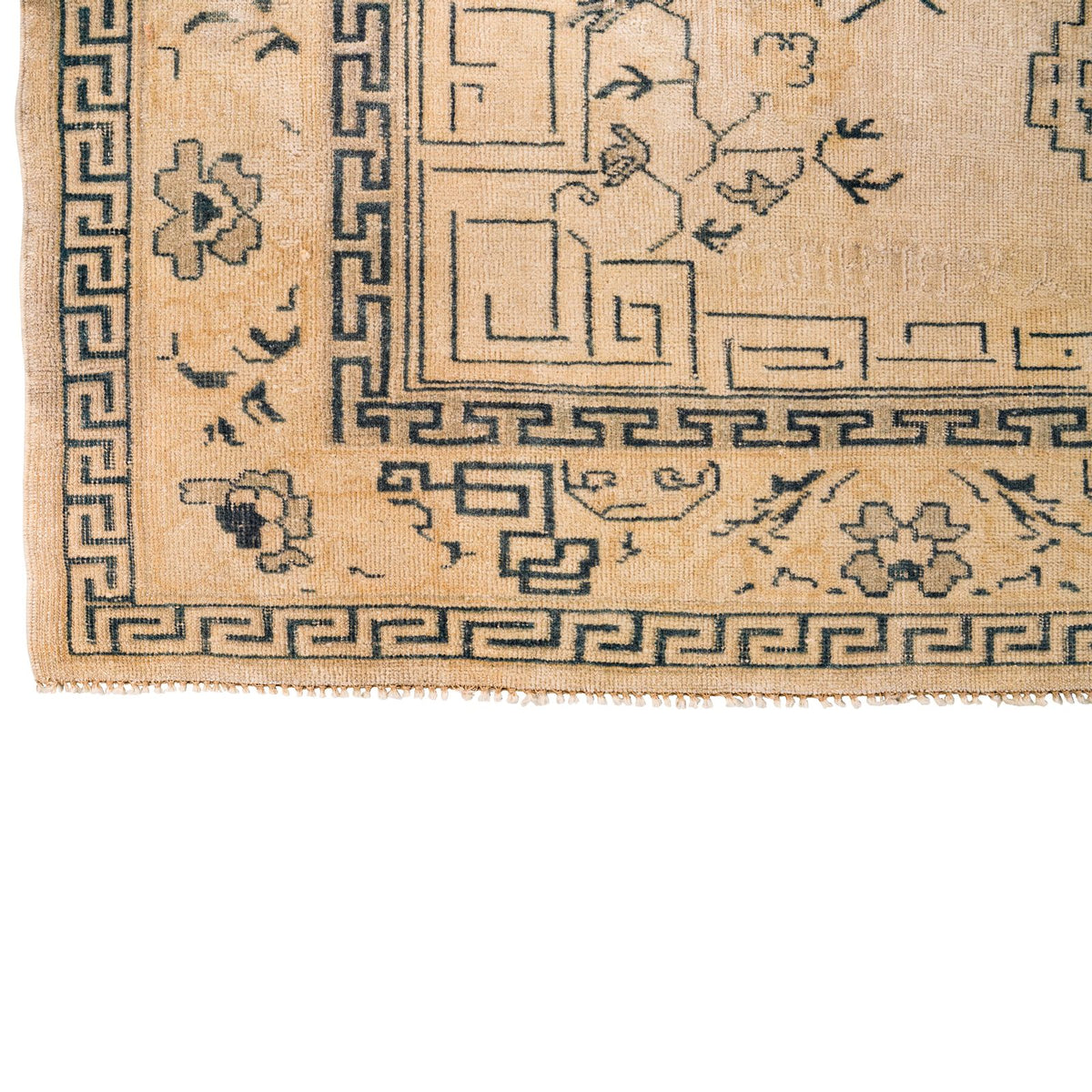 Vintage Handmade 6x10 Ivory and Navy Anatolian Turkish Traditional Distressed Area Rug