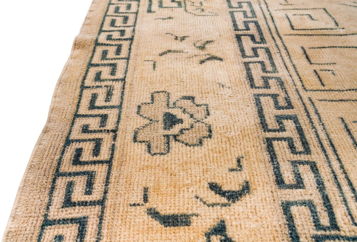 Vintage Handmade 6x10 Ivory and Navy Anatolian Turkish Traditional Distressed Area Rug