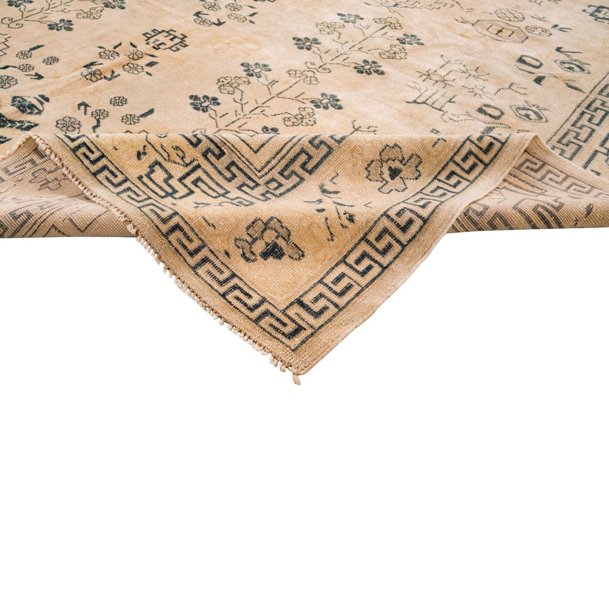 Vintage Handmade 6x10 Ivory and Navy Anatolian Turkish Traditional Distressed Area Rug