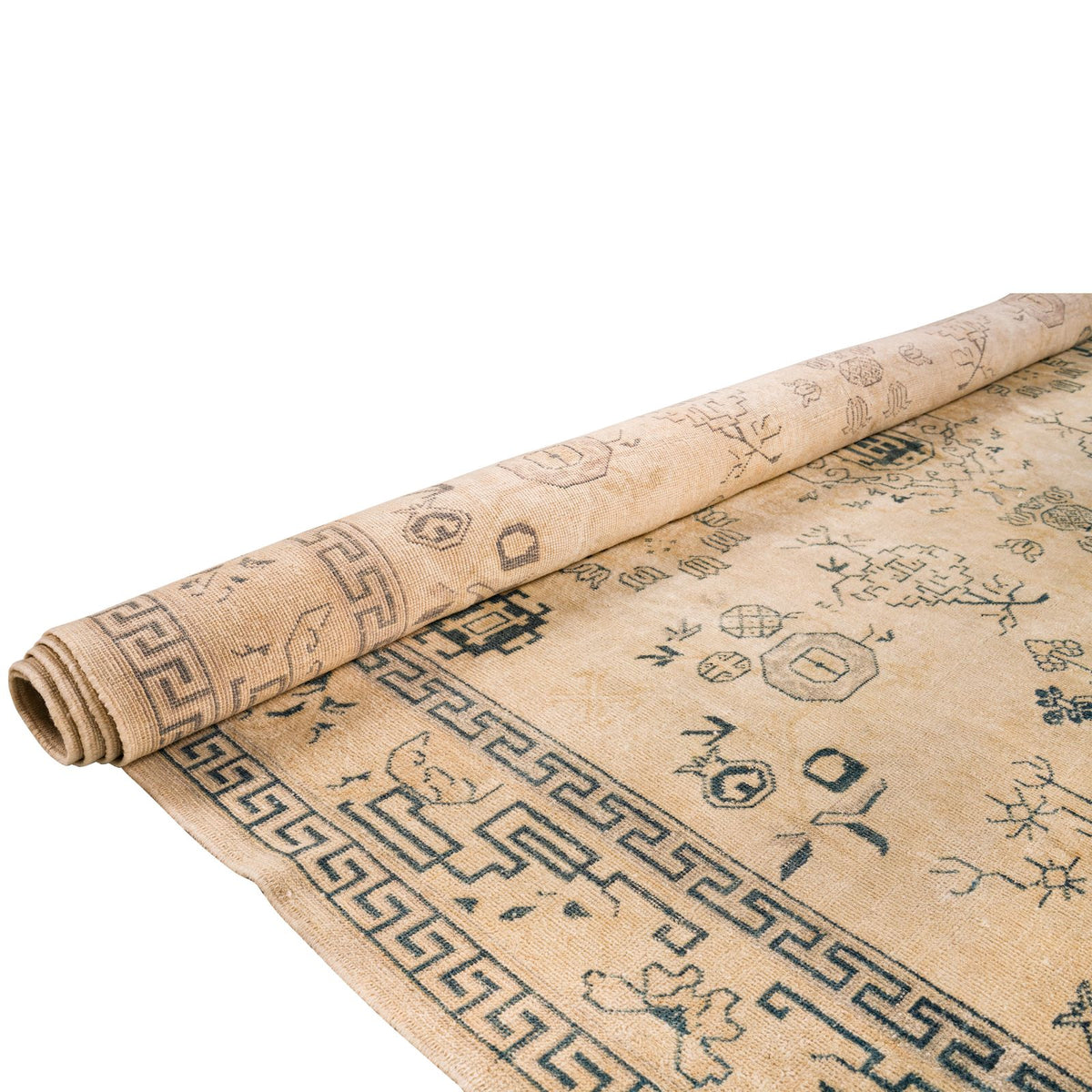 Vintage Handmade 6x10 Ivory and Navy Anatolian Turkish Traditional Distressed Area Rug