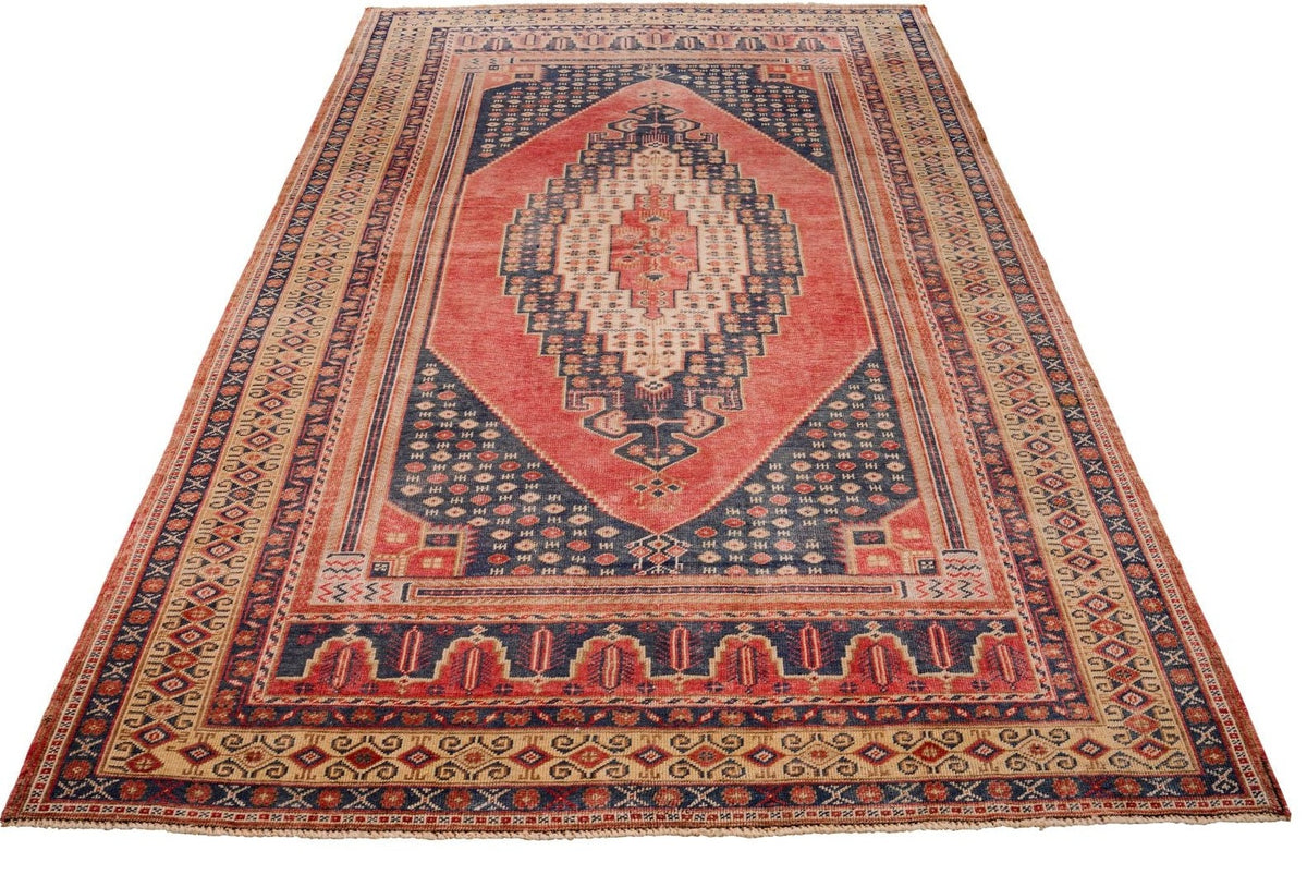 Vintage Handmade 5x9 Pink and Navy Anatolian Turkish Tribal Distressed Area Rug
