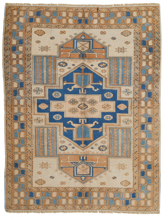 5x7 Beige and Blue Kazak Tribal Rug