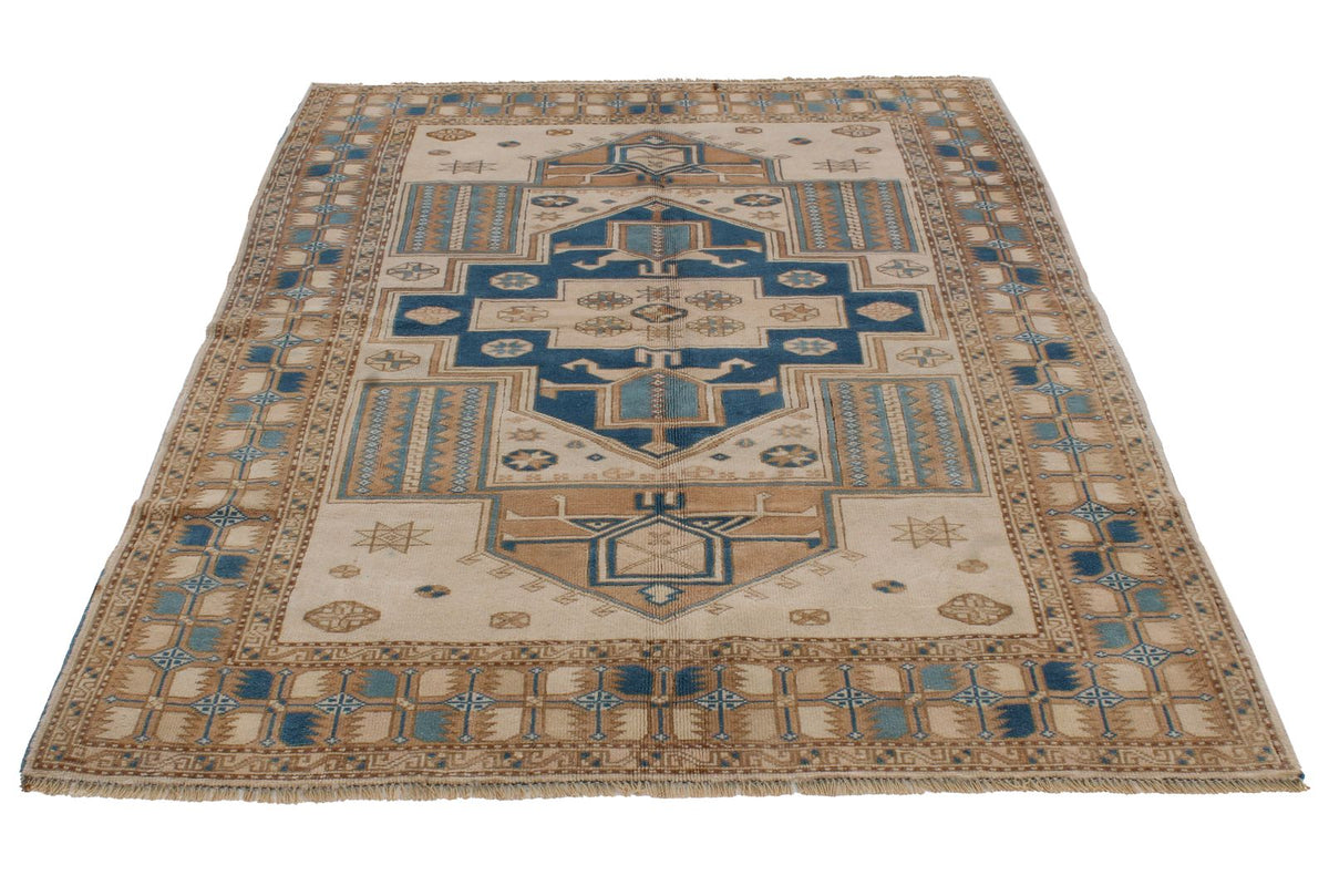 5x7 Beige and Blue Kazak Tribal Rug