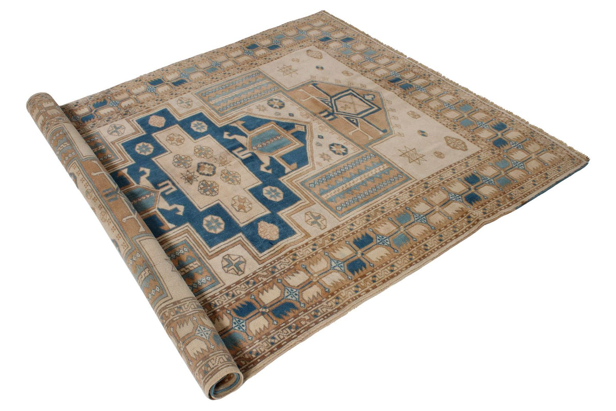 5x7 Beige and Blue Kazak Tribal Rug