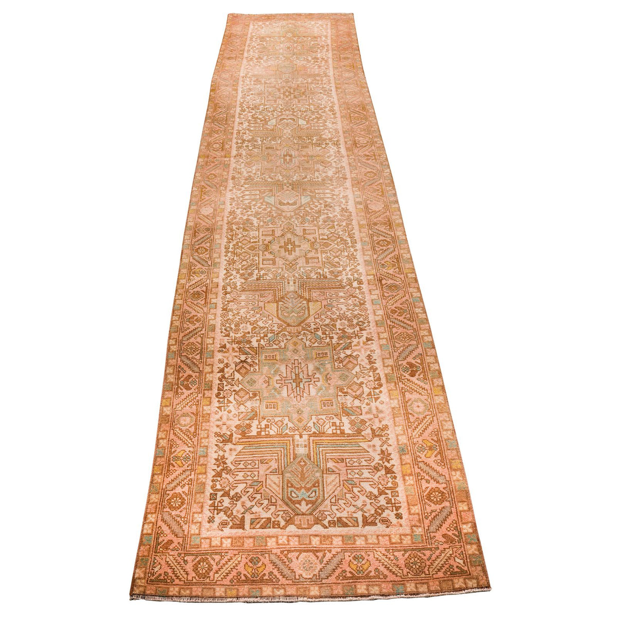 Vintage Handmade 3x14 Brown and Beige Anatolian Caucasian Traditional Distressed Area Runner