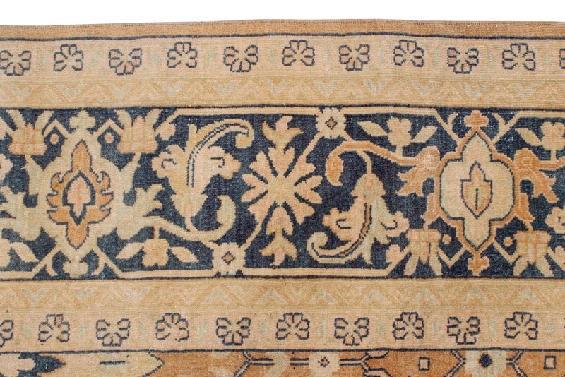 Vintage Handmade 10x19 Beige and Navy Persian Saruk Distressed Area Rug