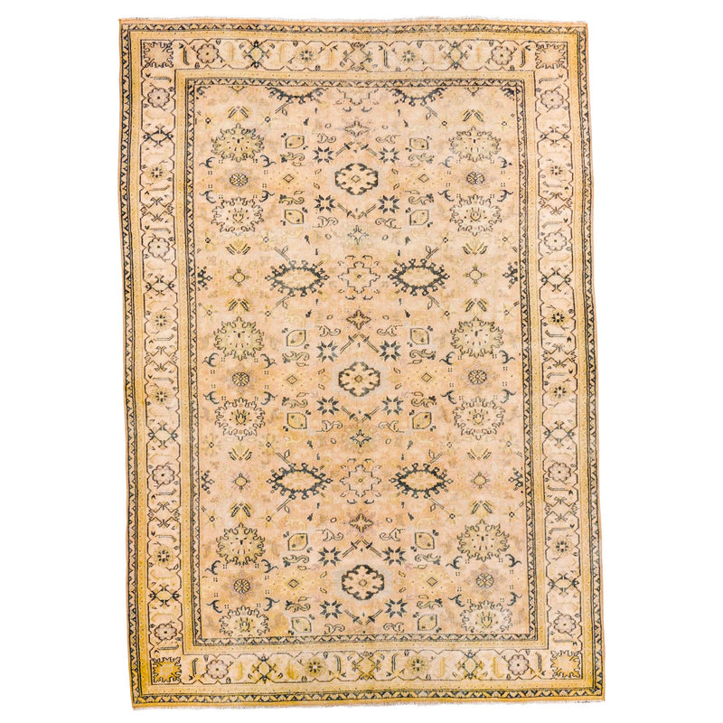 Vintage Handmade 6x8 Beige and Light Green Anatolian Caucasian Traditional Distressed Area Rug