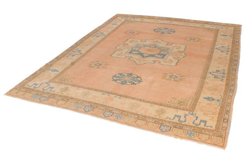 Vintage Handmade 8x10 Beige and Blue Anatolian Caucasian Traditional Distressed Area Rug