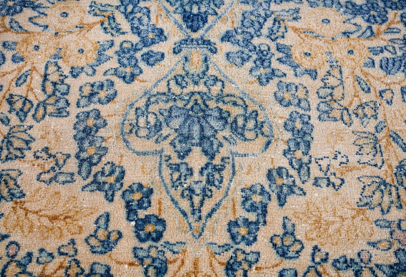 Vintage Handmade 10x14 Beige and Blue Persian Tabriz Distressed Area Rug