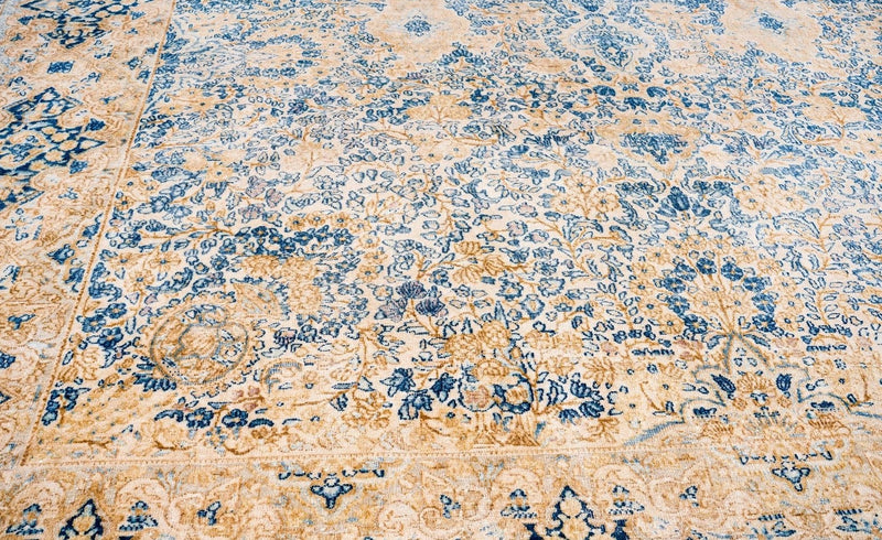 Vintage Handmade 10x14 Beige and Blue Persian Tabriz Distressed Area Rug