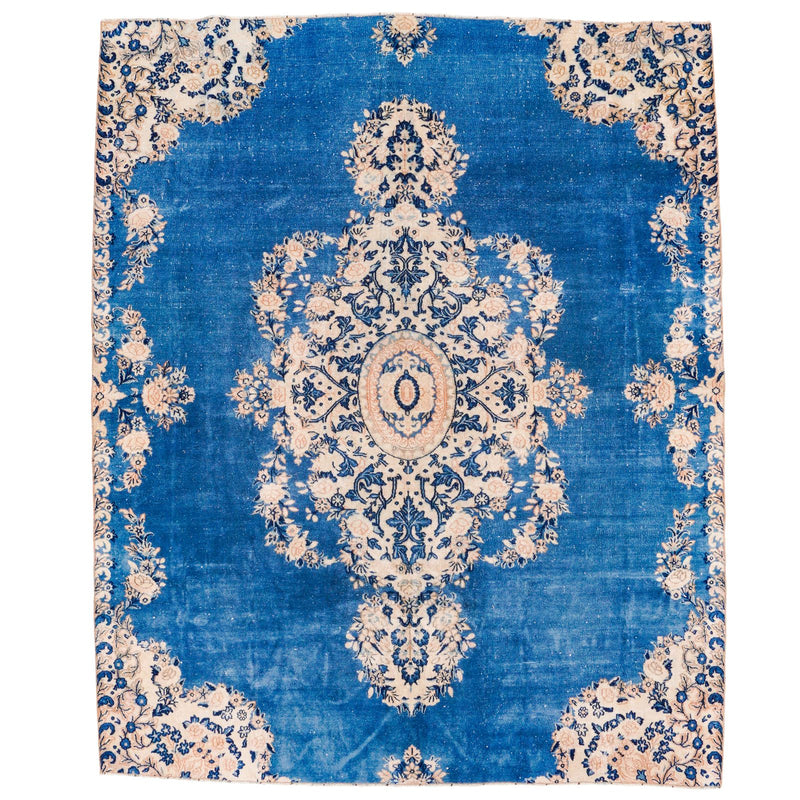 Vintage Handmade 6x8 Blue and Beige Persian Kerman Distressed Area Rug