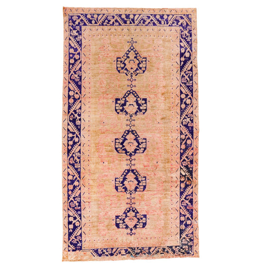 6x11 Beige and Navy Turkish Tribal Rug