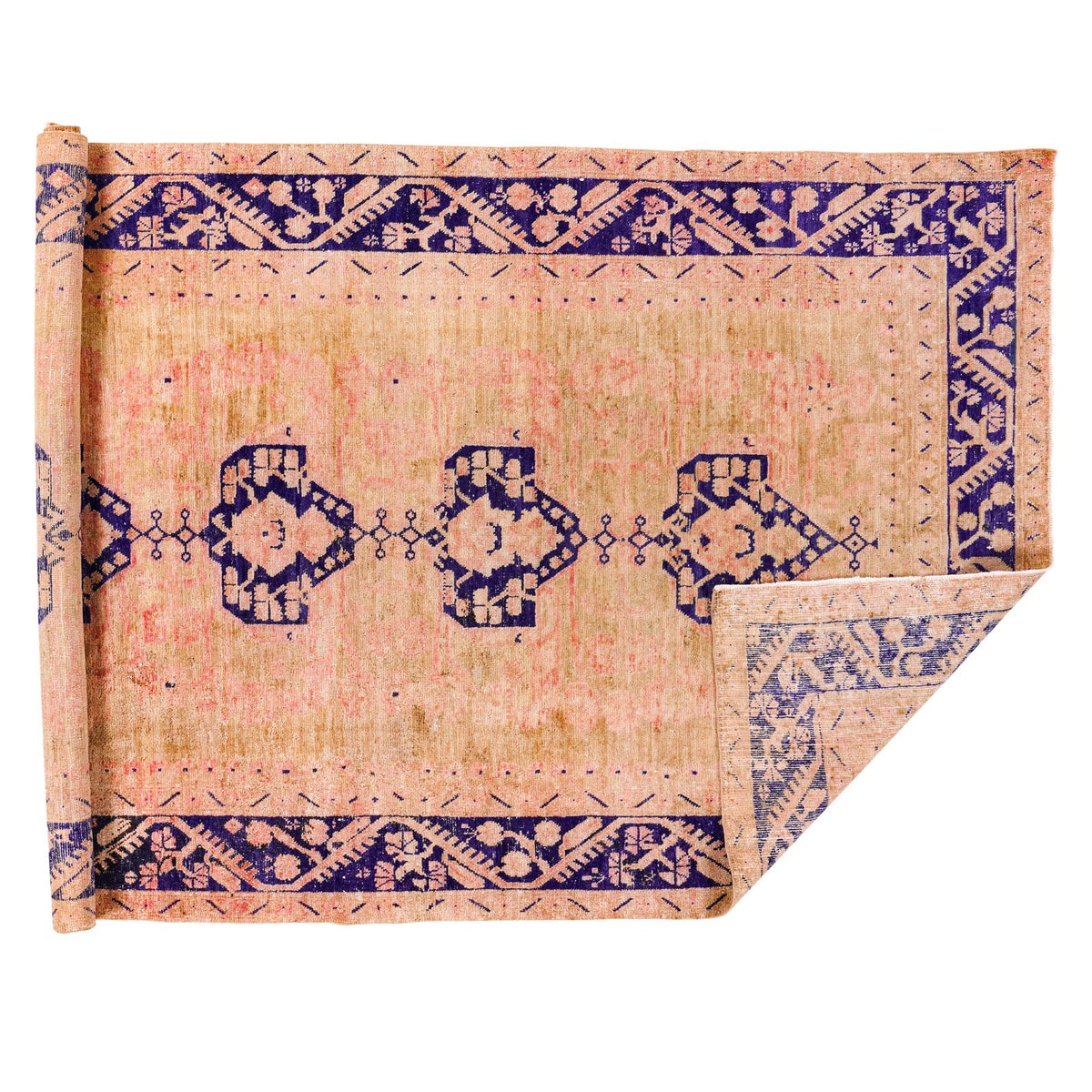 6x11 Beige and Navy Turkish Tribal Rug