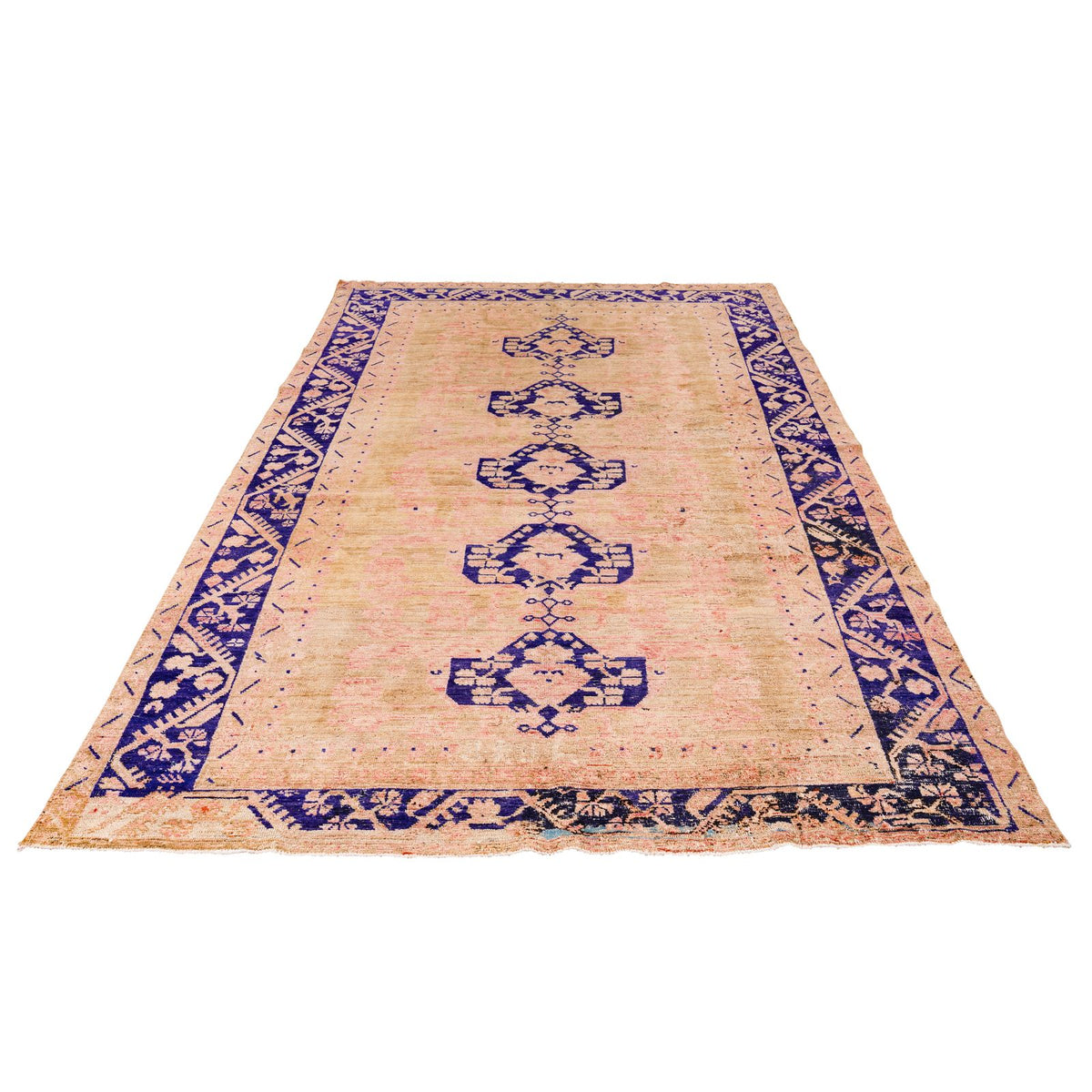 6x11 Beige and Navy Turkish Tribal Rug