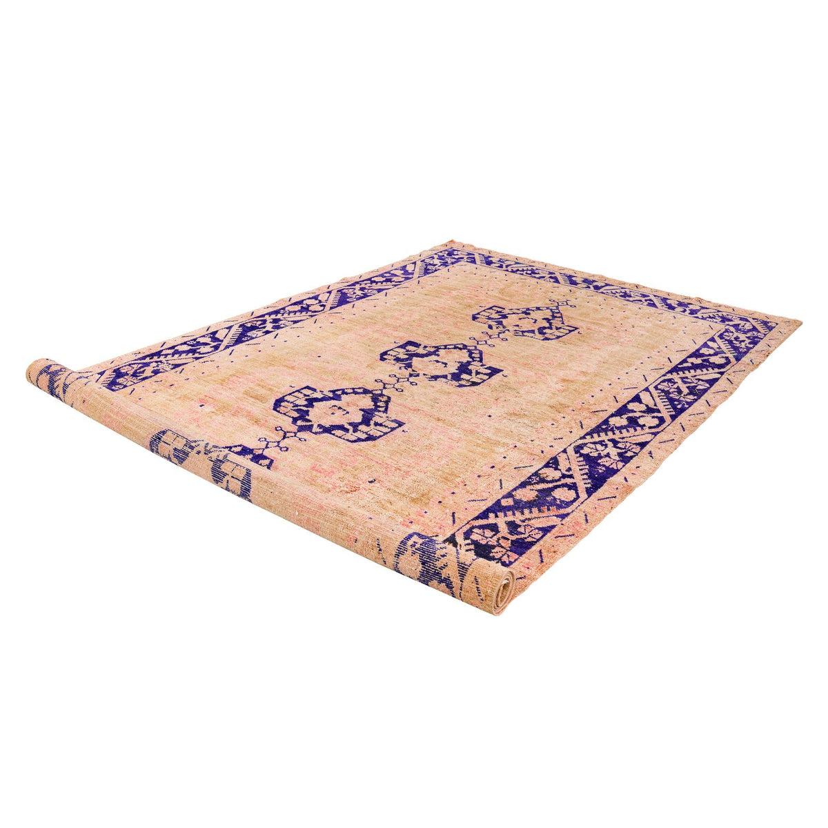6x11 Beige and Navy Turkish Tribal Rug