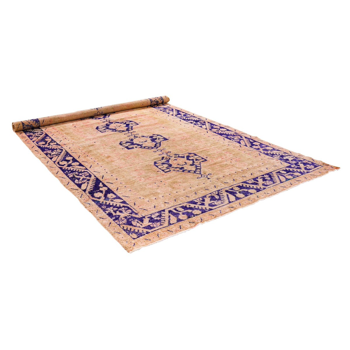 6x11 Beige and Navy Turkish Tribal Rug
