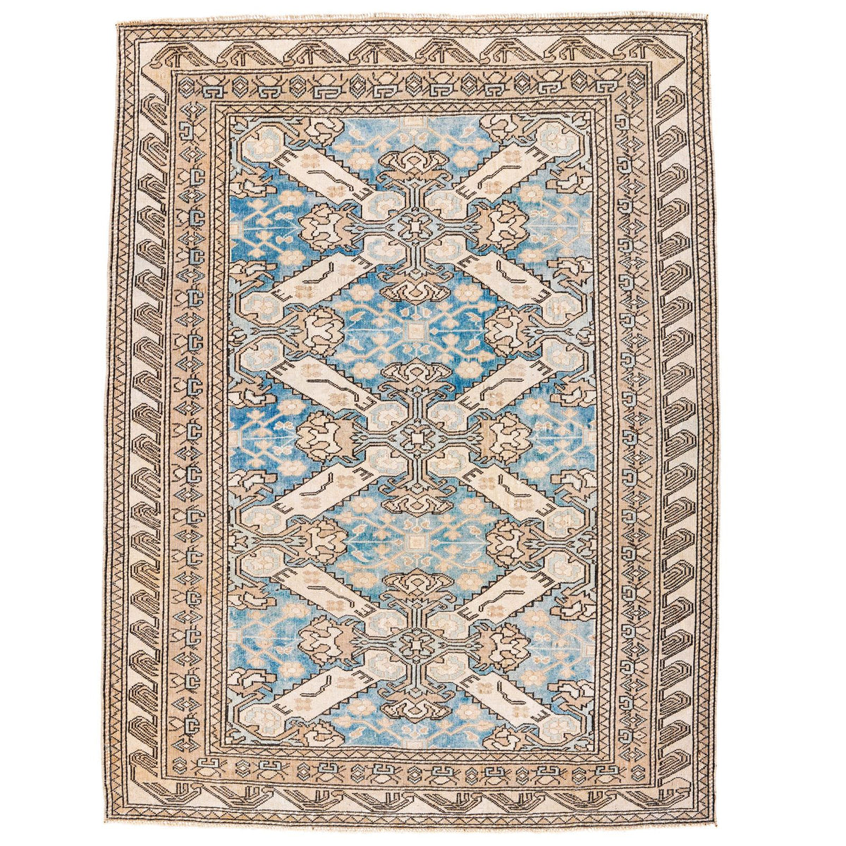 4x6 Beige and Blue Turkish Tribal Rug