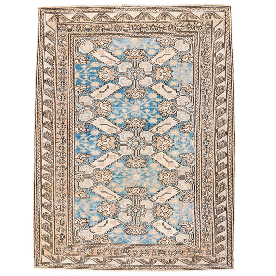 4x6 Beige and Blue Turkish Tribal Rug
