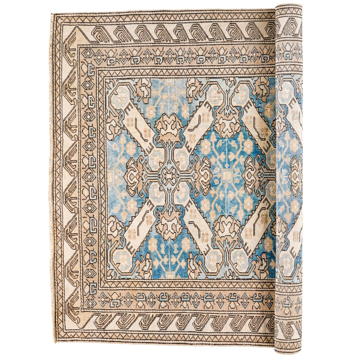 4x6 Beige and Blue Turkish Tribal Rug