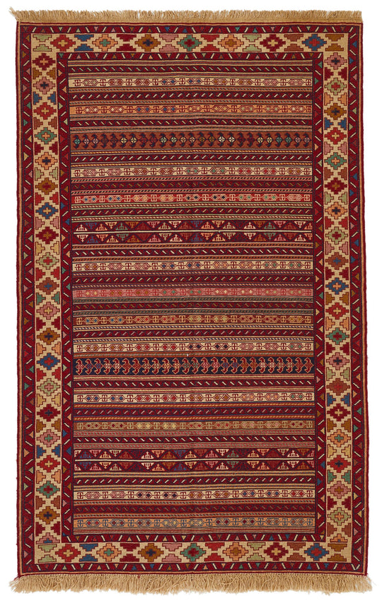 4x7 Multicolor and Red Turkish Patchwork Rug