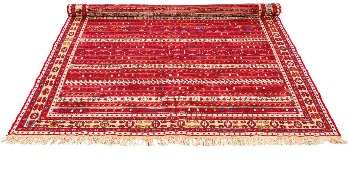 5x8 Red and Beige Turkish Patchwork Rug