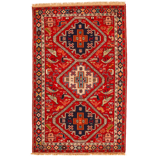 4x7 Multicolor and Red Turkish Tribal Rug