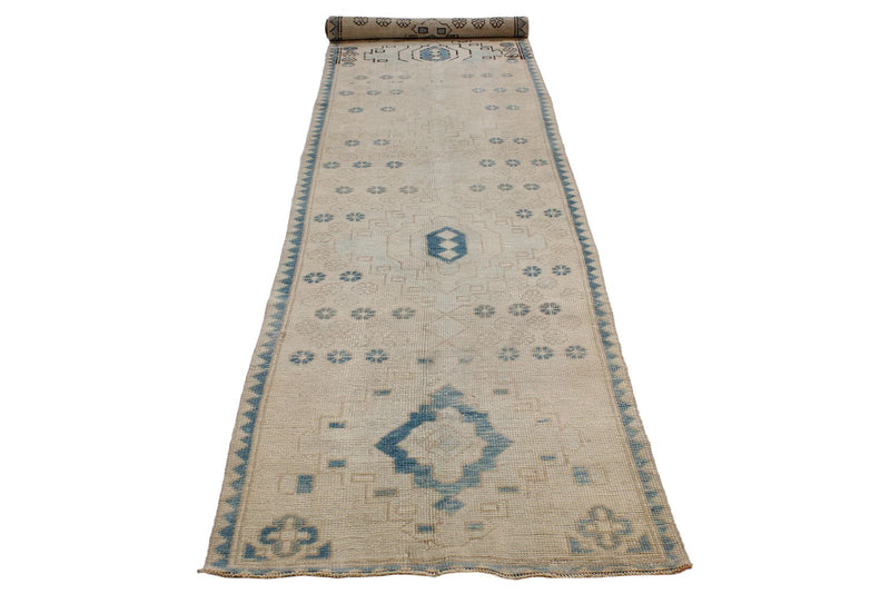 3x13 Beige and Blue Turkish Oushak Runner