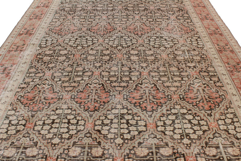 Vintage Handmade 8x12 Black and Pink Persian Tabriz Distressed Area Rug