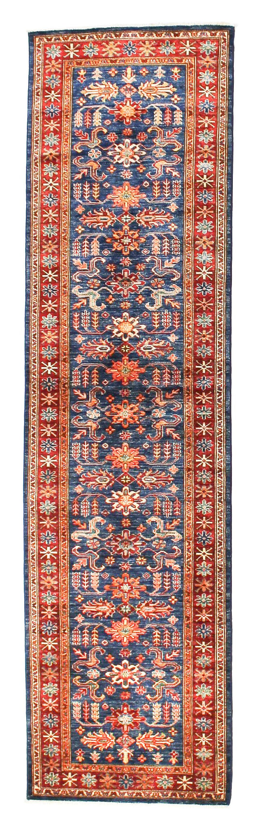3x10 Navy Blue and Red Kazak Tribal Runner