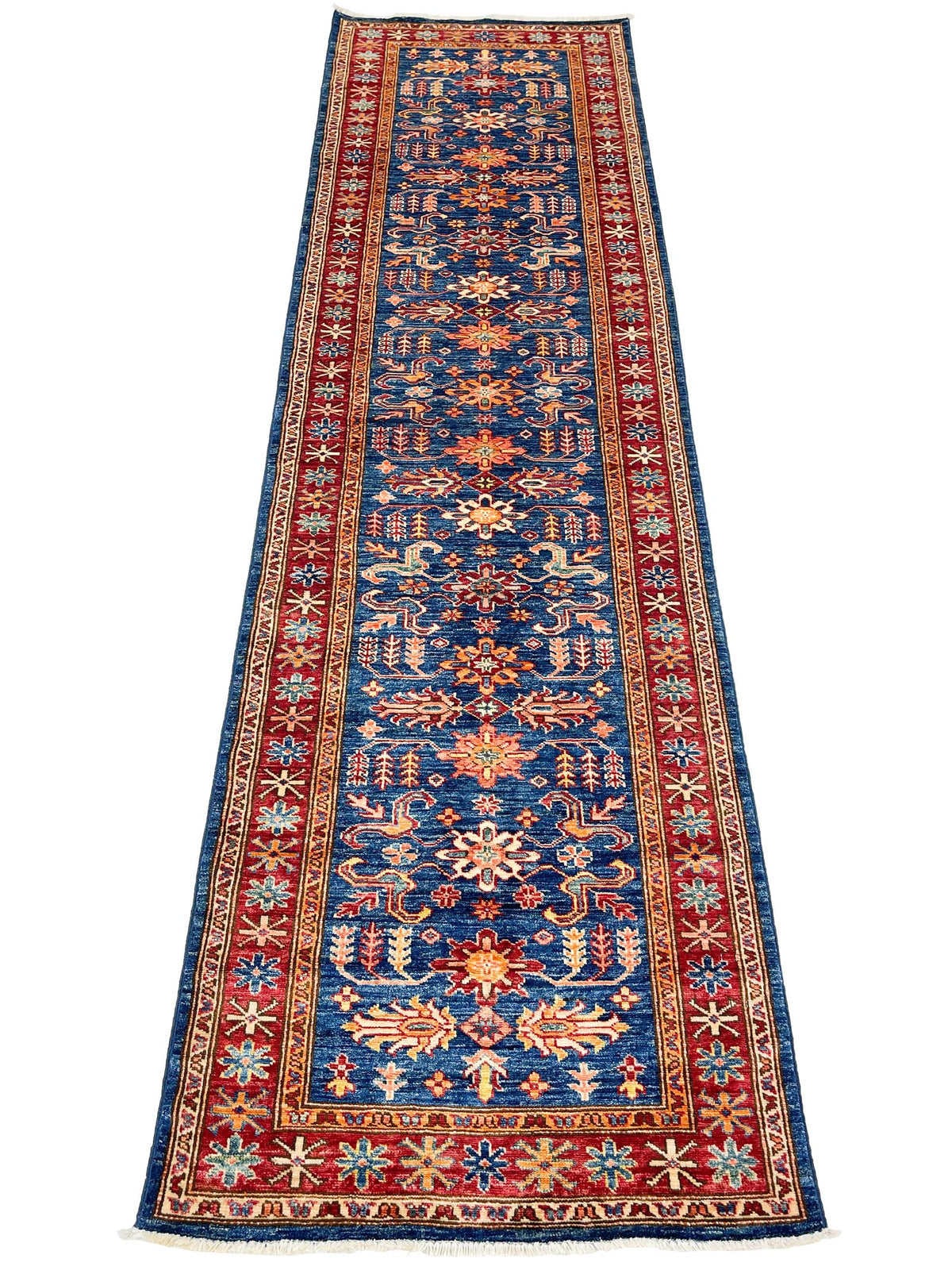 3x10 Navy Blue and Red Kazak Tribal Runner