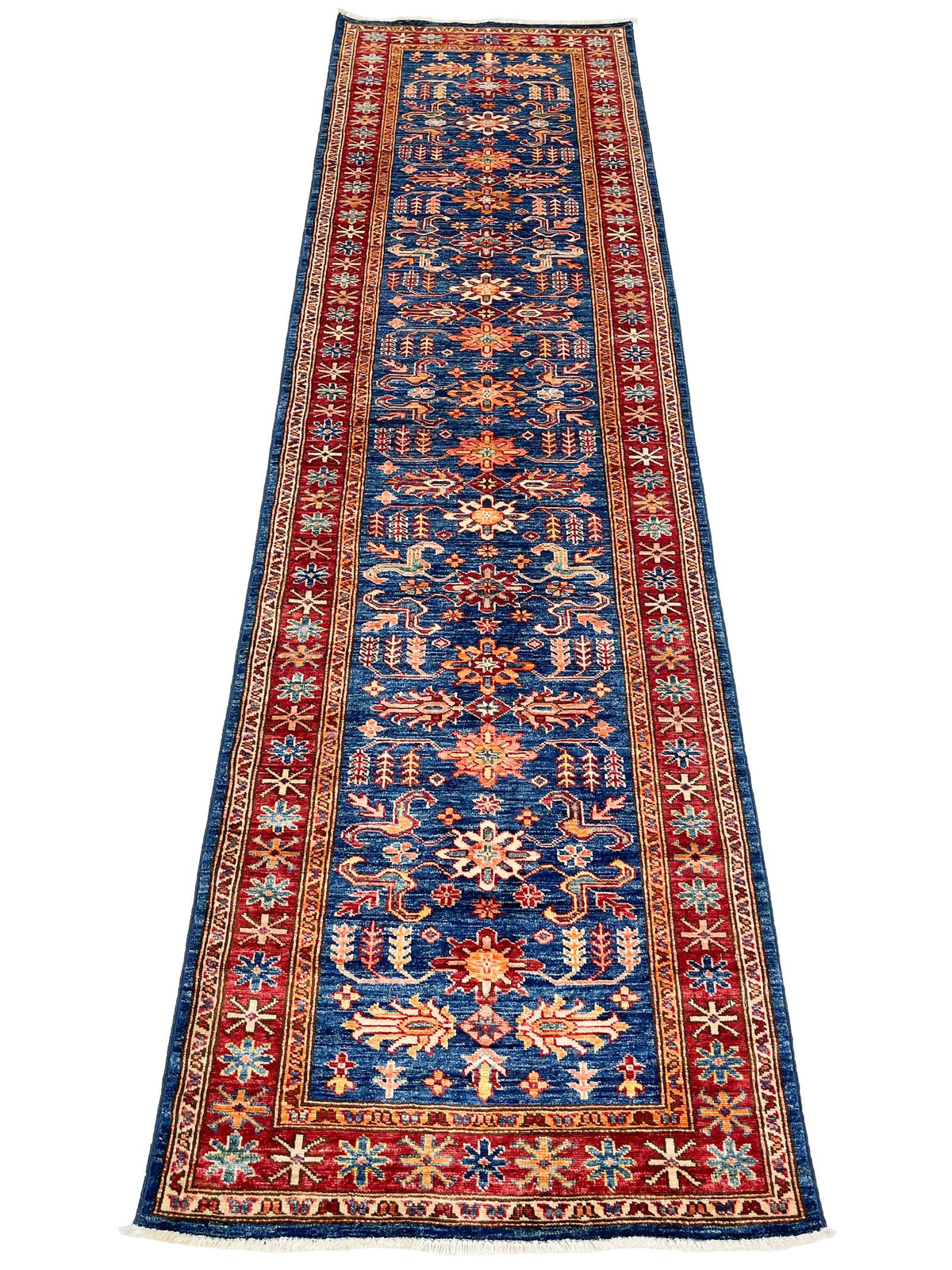 3x10 Navy Blue and Red Kazak Tribal Runner
