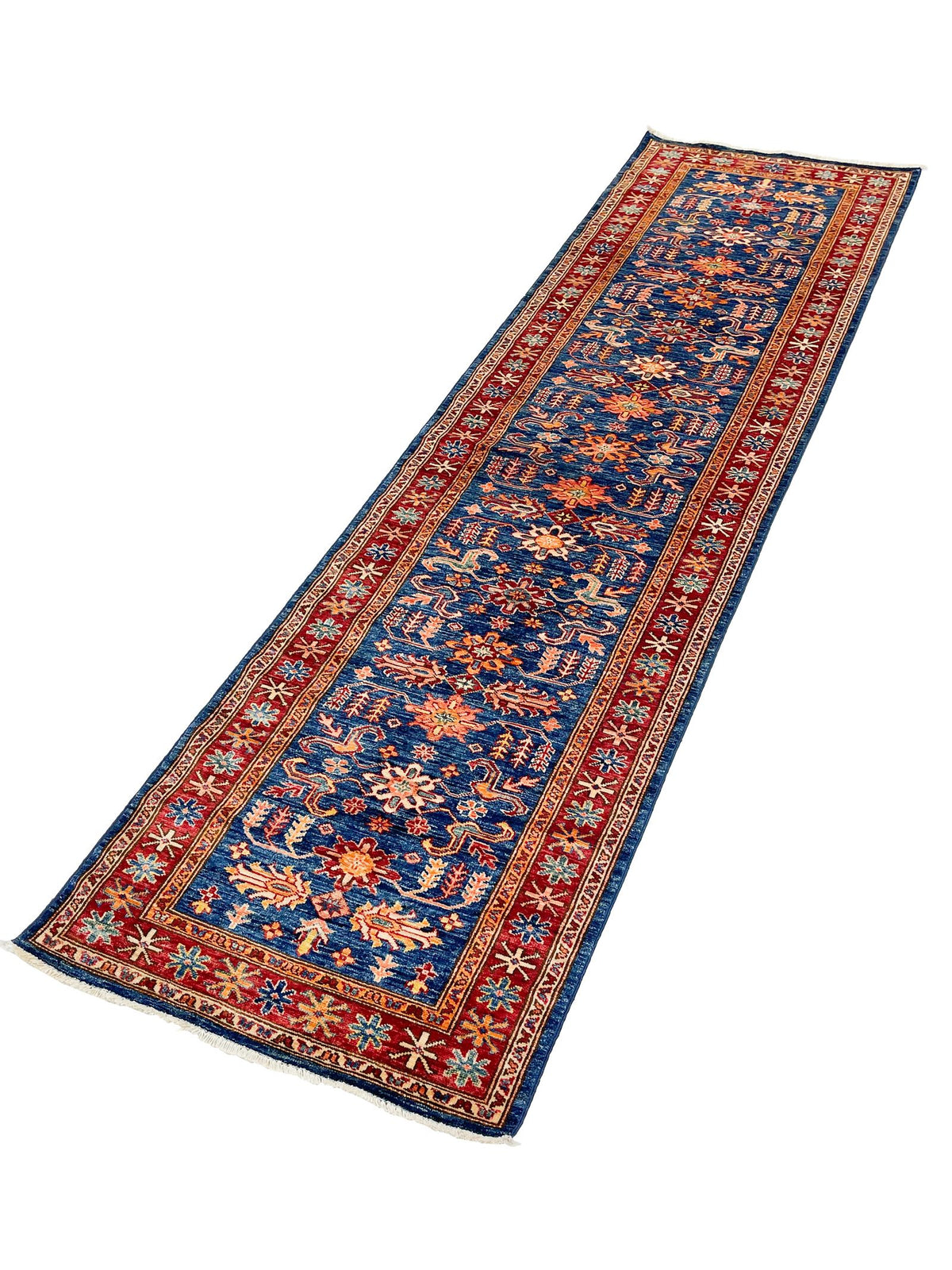 3x10 Navy Blue and Red Kazak Tribal Runner