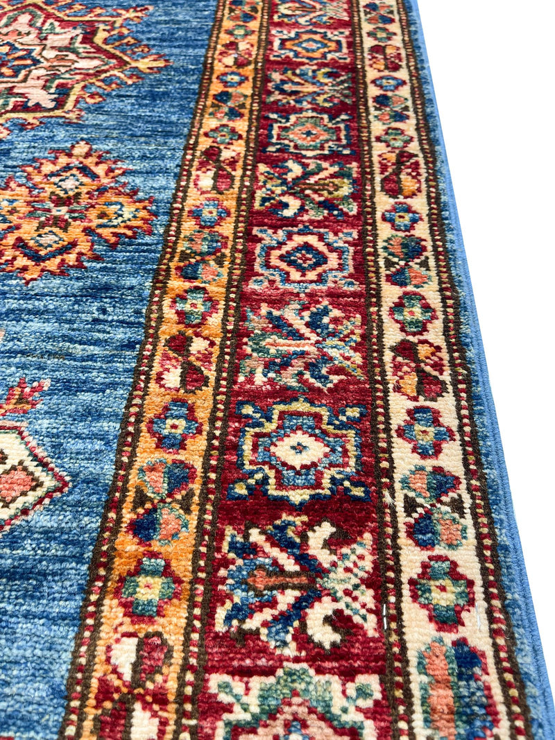 3x7 Light Blue and Red Kazak Tribal Runner