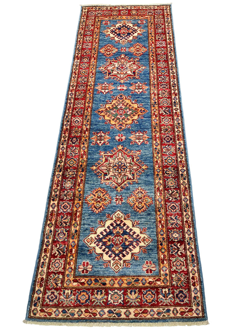 3x7 Light Blue and Red Kazak Tribal Runner