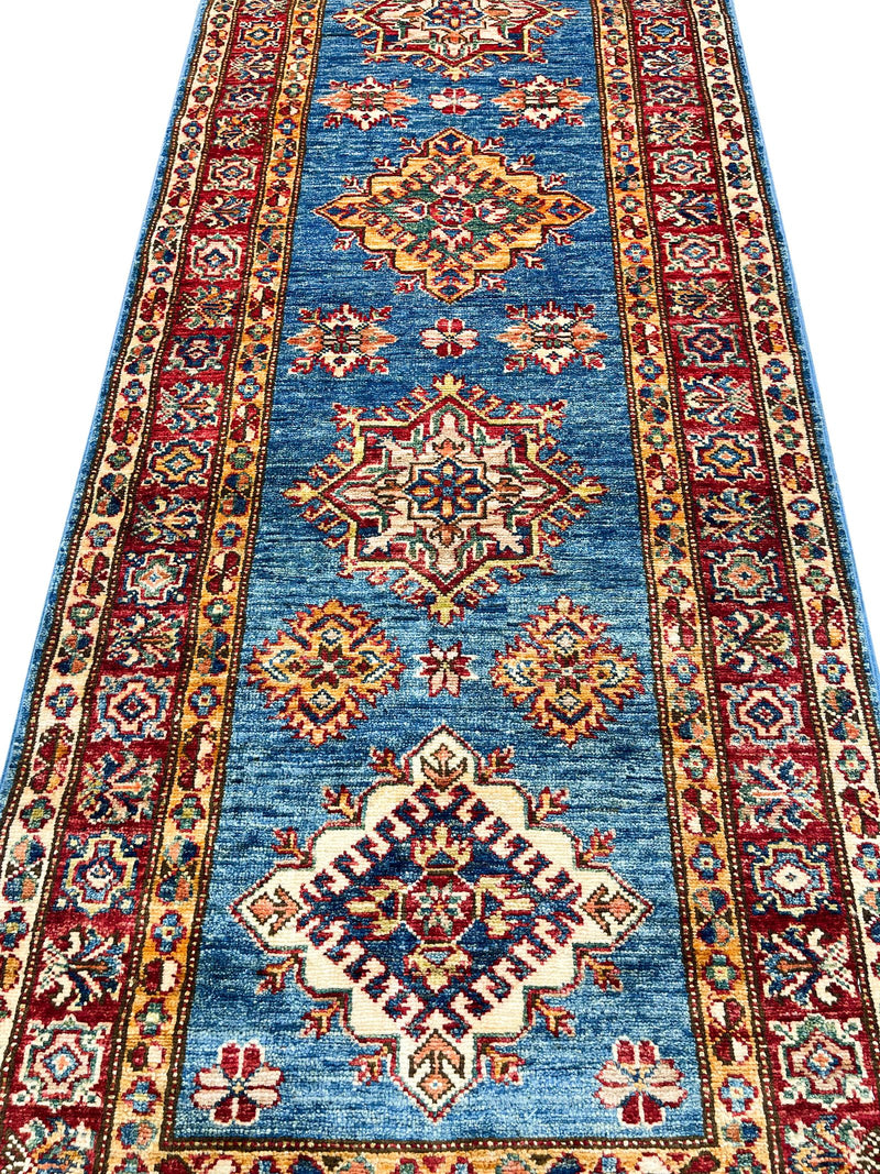 3x7 Light Blue and Red Kazak Tribal Runner