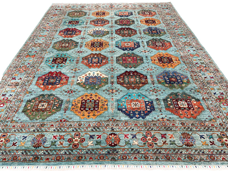 9x12 Turquoise and Multicolor Turkish Tribal Rug