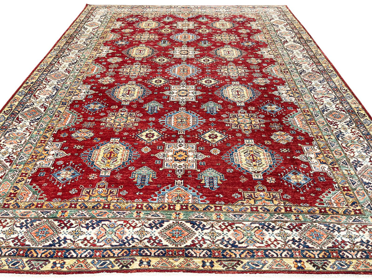 10x13 Red and Ivory Kazak Tribal Rug