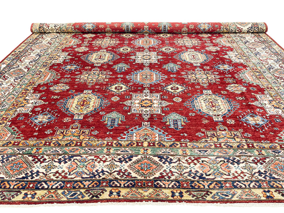 10x13 Red and Ivory Kazak Tribal Rug