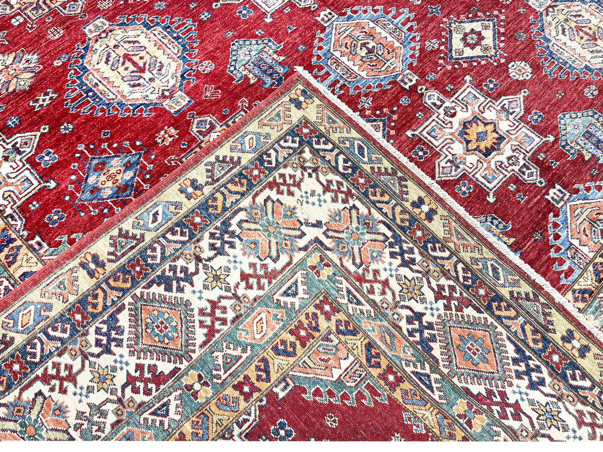 10x13 Red and Ivory Kazak Tribal Rug