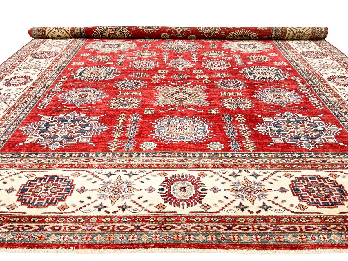 10x14 Red and Ivory Kazak Tribal Rug