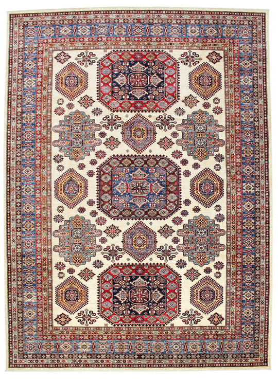 10x14 Ivory and Light Blue Kazak Tribal Rug