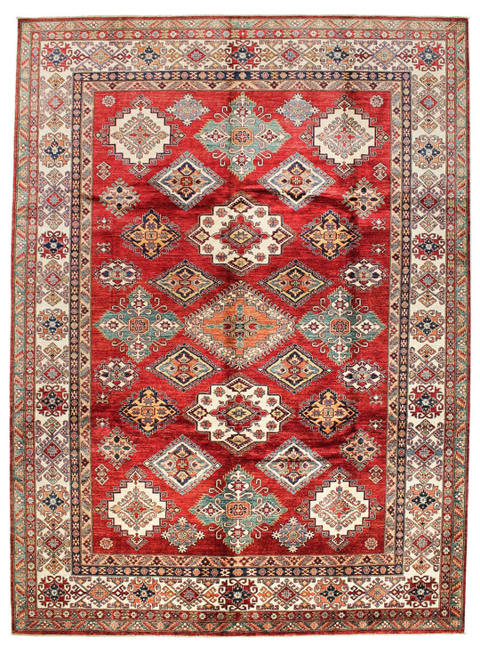9x12 Red and Ivory Kazak Tribal Rug