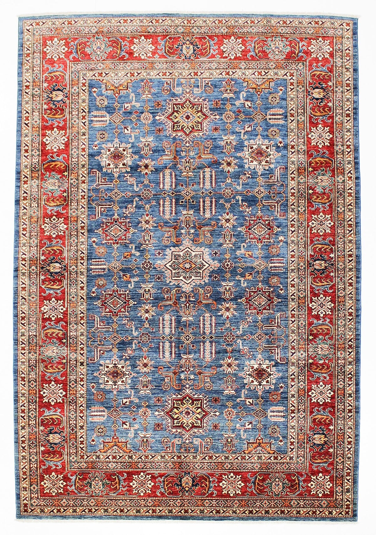 7x10 Light Blue and Red Kazak Tribal Rug
