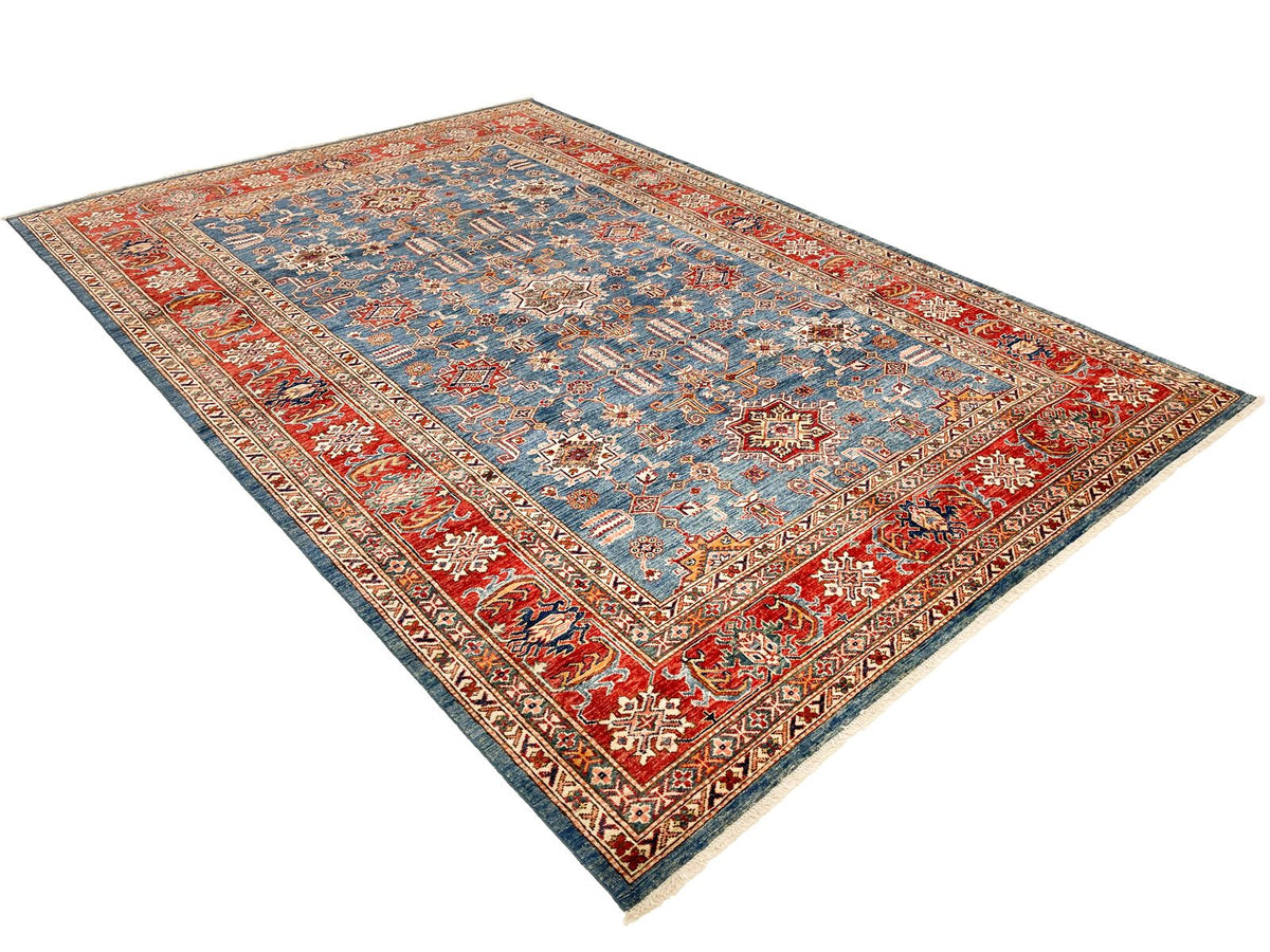 7x10 Light Blue and Red Kazak Tribal Rug