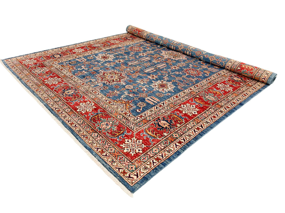 7x10 Light Blue and Red Kazak Tribal Rug