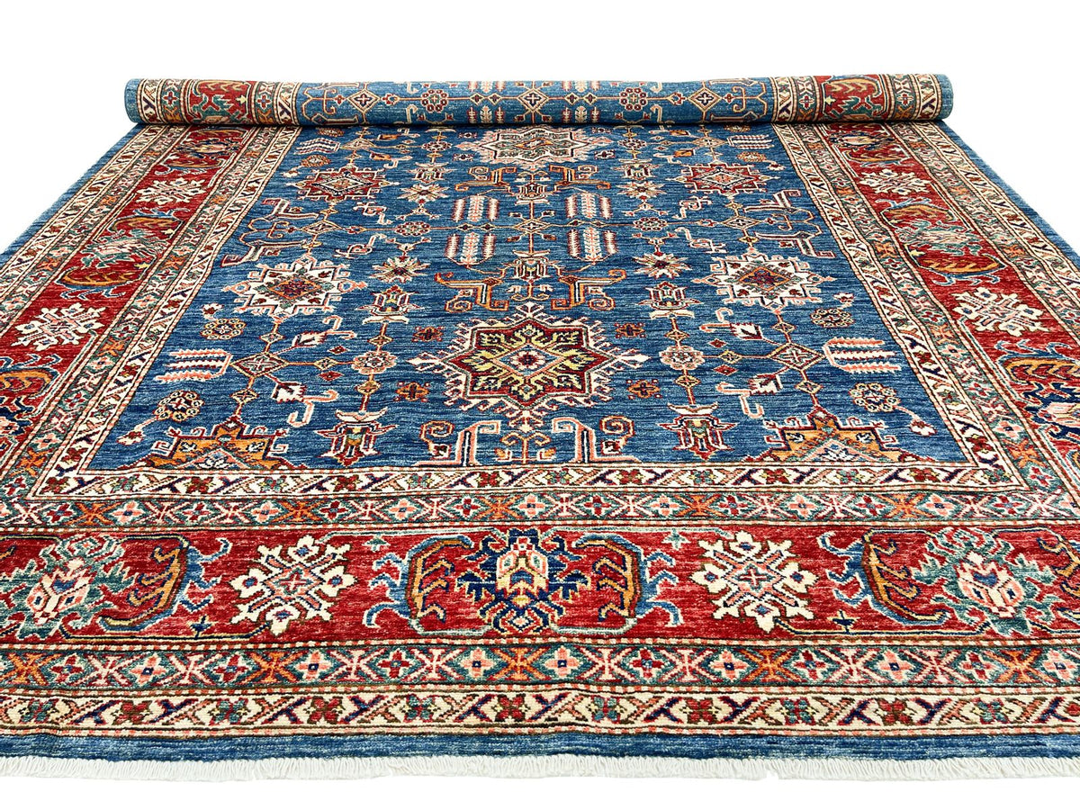 7x10 Light Blue and Red Kazak Tribal Rug