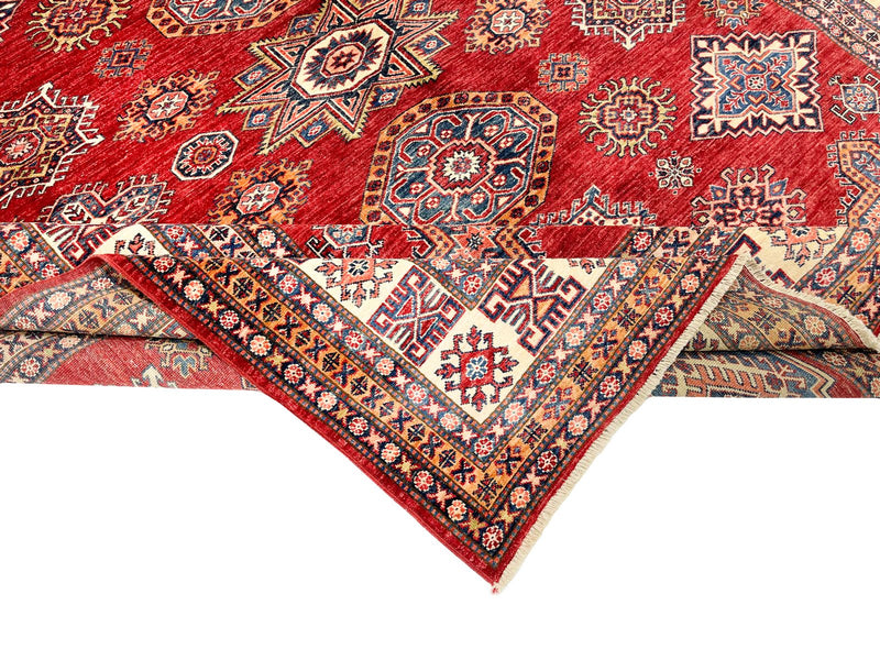 8x10 Ivory and Red Kazak Tribal Rug