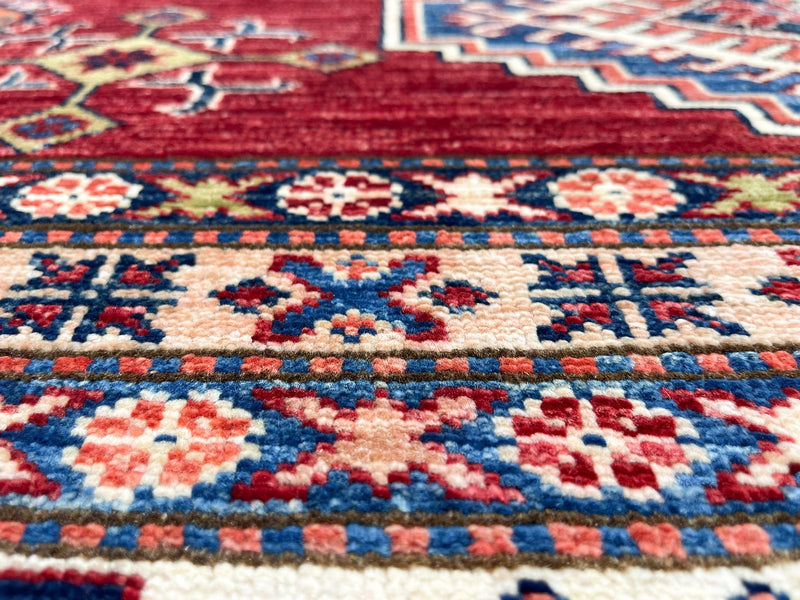 8x10 Ivory and Red Kazak Tribal Rug