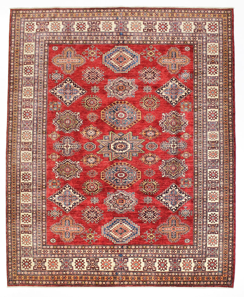 8x10 Ivory and Red Kazak Tribal Rug