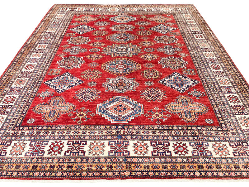 8x10 Ivory and Red Kazak Tribal Rug